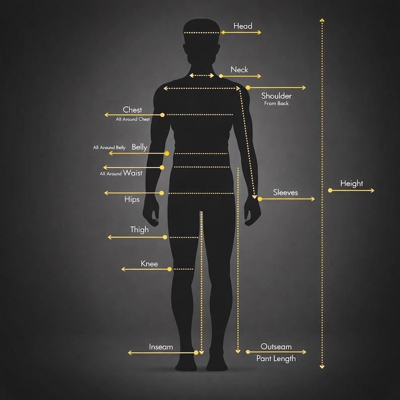 K&ouml;nnte beinhalten: Eine schwarze Silhouette einer Person mit gelben Ma&szlig;angaben f&uuml;r die Schneiderei. Beschriftungen umfassen Kopf, Hals, Brust, Taille, H&uuml;fte, Oberschenkel, Knie, Schrittl&auml;nge, &Auml;rmel und H&ouml;he. Der Hintergrund ist dunkelgrau.