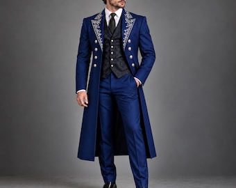 Handmade Blue 3 piece Prince Suit for Men, Victorian Tailcoat, Embroidered Wedding Suit, Regency Formal Wear