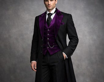 Handmade Gothic Wedding 3 Piece Suit, Victorian Cotton Tailcoat, Steampunk Wedding Groom Suit, Aristocrat Long Coat, Masquerade Outfit