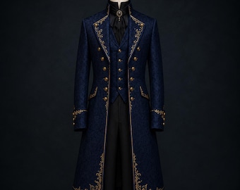 Königsblauer gotischer Hochzeitsanzug für Herren, viktorianischer Frack, luxuriöser Aristokratenmantel, Steampunk-Bräutigam-Outfit, bestickter Anzug