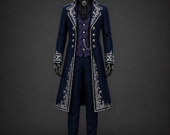 Navy Victorian Gothic Wedding Suit, Silver Embroidered Tailcoat, Steampunk Groom Suit, Aristocrat coat, Masquerade outfit