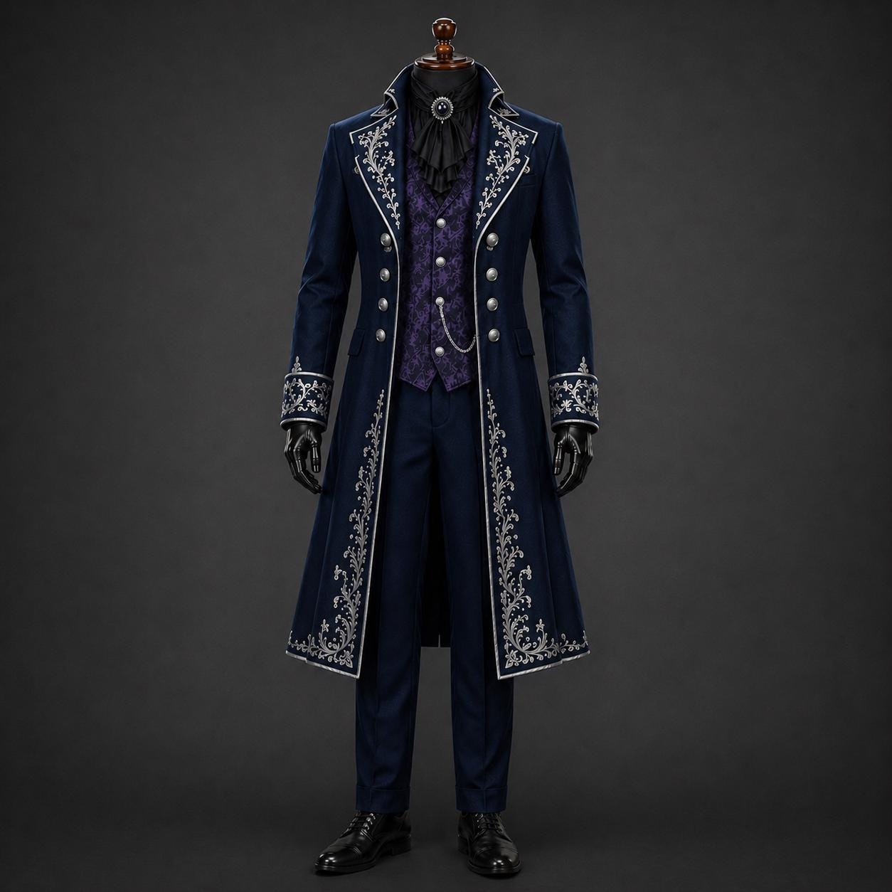 Navy Victorian Gothic Wedding Suit, Silver Embroidered Tailcoat, Steampunk Groom Suit, Aristocrat coat, Masquerade outfit