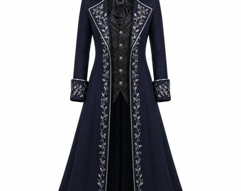 Mens Gothic Victorian Tailcoat Navy Blue Embroidered Prince Coat, Regency Wedding Jacket, Medieval Fantasy Cosplay Long Coat