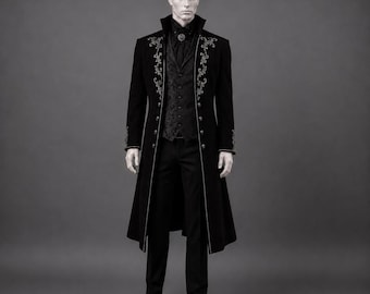 Black Gothic Victorian Tailcoat Men | Silver Embroidered Steampunk Wedding Coat