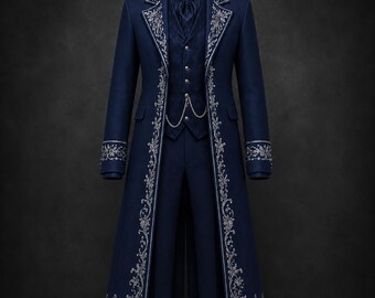 Men's Navy Gothic Wedding Coat, Victorian Wedding Tailcoat, Silver Embroidered Long Coat, Steampunk Groom Outfit, Aristocrat 3 piece Suit