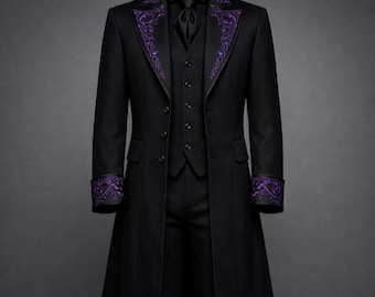 Handmade Gothic Coat for Men, Victorian Embroidered Tailcoat, Aristocrat Wedding Coat, Gothic Groom Outfit, Cotton Trench Coat