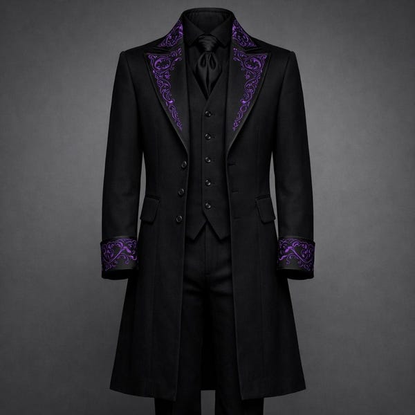 Abrigo gótico de boda para hombre, frac victoriano bordado, abrigo de boda aristocrático, atuendo gótico para novio, gabardina de algodón