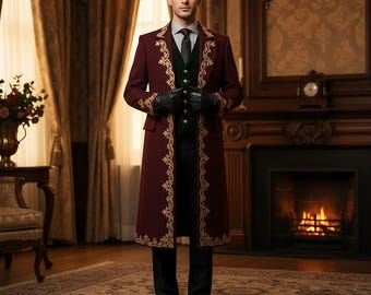 Men's Gothic Trench Coat | Gold Embroidered Victorian Style