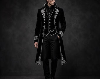 Men's Black Gothic Wedding Suit Men, Victorian Velvet Tailcoat, Vampire Groom Outfit, Royal Aristocrat Coat, Luxury Steampunk Suit