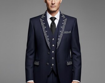 Handmade 3 piece Wedding Suit, Embroidered Suit for men, Formal 3 Piece Tuxedo with Detailed Embroidery