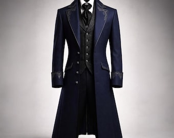 May include: A navy blue formal suit, including a long coat, vest, and trousers. The coat features ornate embroidery on the lapels and cuffs. The vest has a button-down design. The suit is displayed on a neutral background.