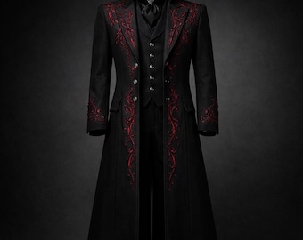 Handmade Black Gothic Wedding Trench Coat, Victorian Tailcoat, Embroidered Steampunk Suit, Aristocrat Long Coat, vampire Masqurade Outfit