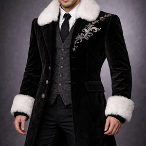Abrigo de piel de terciopelo, abrigo gótico victoriano, vestido vintage hecho a mano para eventos formales.