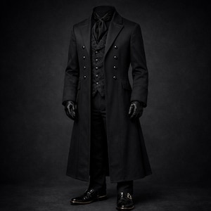 K&ouml;nnte beinhalten: Ein langer, schwarzer Mantel mit doppelreihigem Design, kombiniert mit einer Weste, Hose und Handschuhen. Der Mantel hat mehrere Kn&ouml;pfe und eine taillierte Passform. Das Ensemble wird durch schwarze Anzugschuhe abgerundet. Der Stil ist formell und elegant.