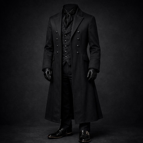 Men’s Black Gothic Long Coat, Victorian Cotton Trench Coat, Aristocrat Tailcoat for Men, Gothic Wedding Coat, Masquerade Formal Coat