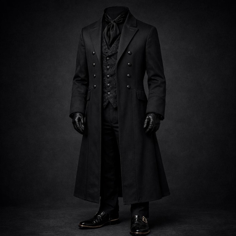K&ouml;nnte beinhalten: Ein langer, schwarzer Mantel mit doppelreihigem Design, kombiniert mit einer Weste, Hose und Handschuhen. Der Mantel hat mehrere Kn&ouml;pfe und eine taillierte Passform. Das Ensemble wird durch schwarze Anzugschuhe abgerundet. Der Stil ist formell und elegant.