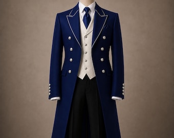 Puede incluir: Un abrigo largo cruzado de color azul real con ribetes blancos, con botones plateados, combinado con un chaleco color crema, una camisa blanca de cuello, una corbata azul real a juego y pantalones negros lisos sobre un maniquí.