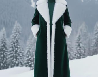 Royal Emerald Velvet Fur Coat for Women – Long Winter OverCoat  – Vintage Evening Outerwear