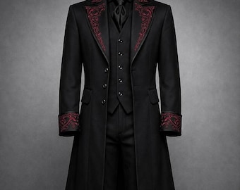 Luxury Gothic Wedding Coat for Men, Red Embroidered Victorian Tailcoat, Aristocrat long Coat, Gothic Groom Outfit, Cotton Trench Coat