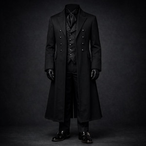 K&ouml;nnte beinhalten: Ein langer, schwarzer Mantel mit doppelreihigem Design, kombiniert mit einer Weste, Hose und Lederschuhen. Das Ensemble umfasst eine schwarze Krawatte und Handschuhe und erzeugt einen formellen und raffinierten Look. Der Mantel hat mehrere Kn&ouml;pfe und eine ma&szlig;geschneiderte Passform.