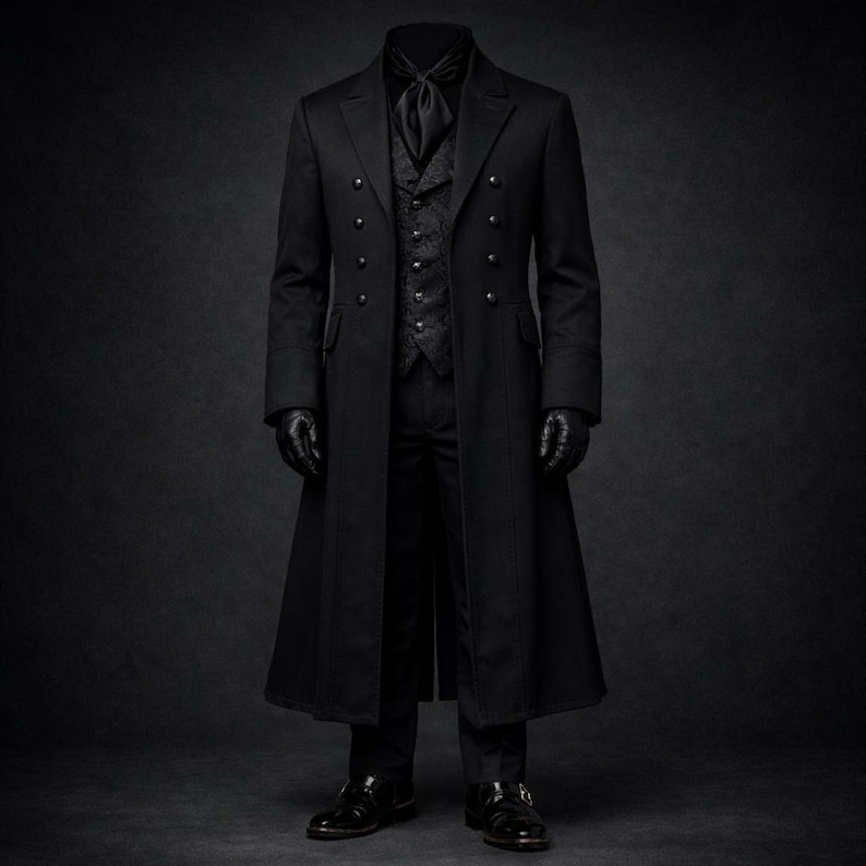 K&ouml;nnte beinhalten: Ein langer, schwarzer Mantel mit doppelreihigem Design, kombiniert mit einer Weste, Hose und Lederschuhen. Das Ensemble umfasst eine schwarze Krawatte und Handschuhe und erzeugt einen formellen und raffinierten Look. Der Mantel hat mehrere Kn&ouml;pfe und eine ma&szlig;geschneiderte Passform.