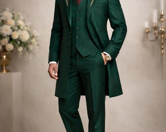 Emerald Groom Wedding Suit for Men – 3 Piece Embroidered Tuxedo Set, Custom Tailored Long Coat