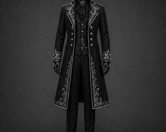 男性用ヴィクトリアンゴシックウェディングスーツ、黒の刺繍入りテールコート、スチームパンク風新郎スーツ、貴族風コート、仮面舞踏会衣装