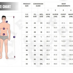 K&ouml;nnte beinhalten: Eine Gr&ouml;&szlig;entabelle mit K&ouml;rperma&szlig;en in Zentimetern, einschlie&szlig;lich Hals, &Auml;rmel, Brust, Taille und K&ouml;rpergr&ouml;&szlig;e. Die Tabelle enth&auml;lt auch US-, EU- und internationale Gr&ouml;&szlig;en, mit einer Abbildung einer Person, die Messpunkte veranschaulicht.