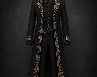 Black Gothic Victorian Tailcoat for Men, Embroidered Prince Coat, Steampunk Wedding Jacket, Vampire Aristocrat Coat, Gothic groom attire