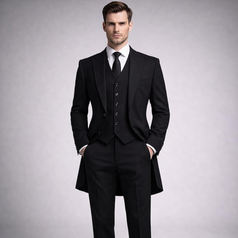 May include: A formal black suit with a three-piece design, including a jacket, vest, and trousers. The jacket has a long, tailored cut, and the vest features a button-down front. A white dress shirt and black tie complete the ensemble. The suit is worn with a pair of black dress shoes.