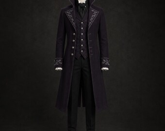 Men's Purple Gothic Wedding Suit Men, Victorian Cotton Tailcoat, Vampire Groom Outfit, Royal Aristocrat Coat, Luxury Steampunk Suit
