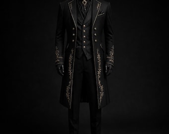 Handgefertigter schwarzer Gothic-Dreiteiler, viktorianischer Hochzeits-Smoking, bestickter langer Mantel für den Bräutigam, Steampunk-Anzug