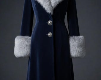 Handmade Velvet Fur Coat for Women – Long Winter Coat with Faux Fur Collar & Cuffs – Vintage Evening Overcoat