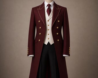 Puede incluir: Una levita cruzada de color burdeos intenso con botones dorados y ribetes dorados en las solapas, sobre un chaleco color crema, una camisa blanca, una corbata burdeos a juego y pantalones negros lisos en un maniquí de exhibición.