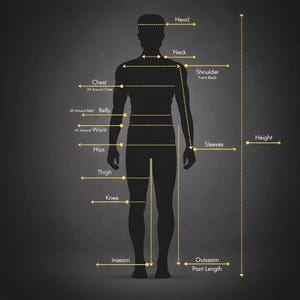 May include: A silhouette of a person with measurement labels for tailoring. Labels include head, neck, chest, waist, hips, thigh, knee, inseam, sleeves, and height. The image is on a dark gray background.
