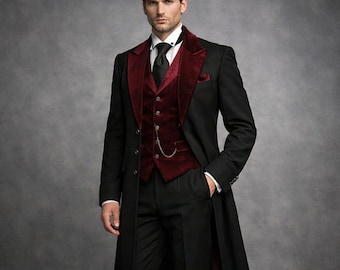 Luxury Gothic Wedding 3 Piece Suit, Victorian Tailcoat, Steampunk Wedding Groom Suit, Aristocrat Long Coat, Masquerade Outfit