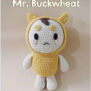 Puede incluir: Muñeca de ganchillo hecha a mano con un traje con capucha amarillo y brazos y piernas blancos. La muñeca tiene una cara blanca con ojos negros, mejillas rosas y una mancha marrón en la cabeza. El texto "Mr. Buckwheat" está arriba.