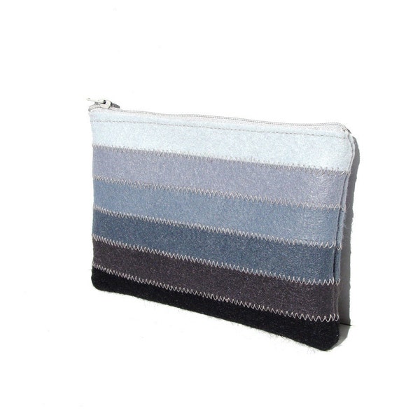Lovely felt cosmetic pouch - white to dark gray shades - zippered medium pouch