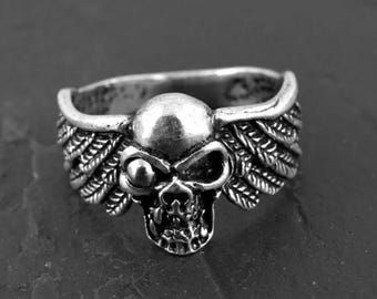 Skull Wing Ring Gothic Silver Skull Ring Adjustable Statement Ring Punk Biker Jewelry Vintage Style Mens Ring Gift for Him