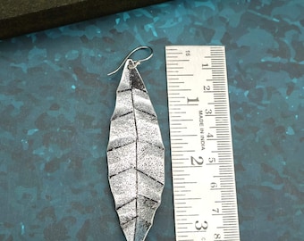 Handmade Silver Leaf Earrings, Textured Botanical Dangle Earrings, Nature Inspired Statement Jewelry, Gift for Her