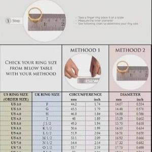 May include: Ring sizing guide with two methods: one using paper or thread, the other using a ring and a ruler. Includes a chart with US and UK ring sizes, circumferences in inches and mm, and diameters in inches and mm.