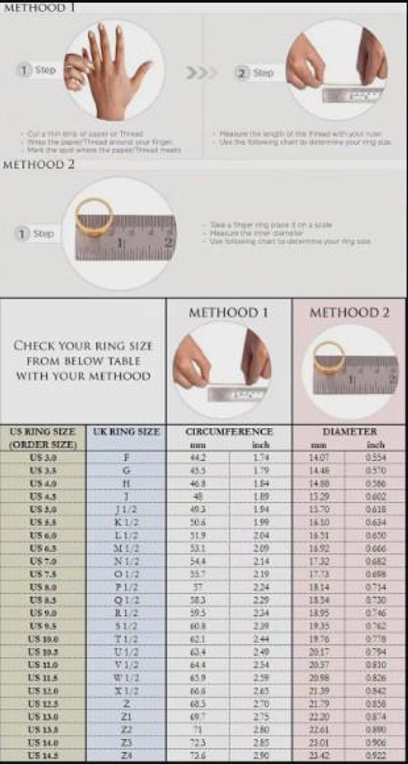 May include: Ring sizing guide with two methods: one using paper or thread, the other using a ring and a ruler. Includes a chart with US and UK ring sizes, circumferences in inches and mm, and diameters in inches and mm.