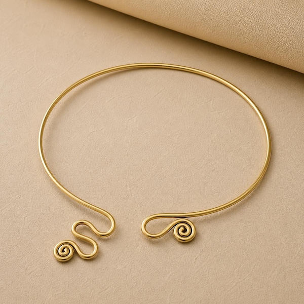 Gargantilla abierta dorada, collar minimalista de alambre, collar en espiral ajustable, joyería llamativa, collar moderno estilo boho, regalo.