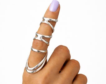 Silver Wrap Ring, Statement Finger Armor Ring, Adjustable Knuckle Ring, Minimalist Stack Ring, Modern Boho Jewelry Gift for Her