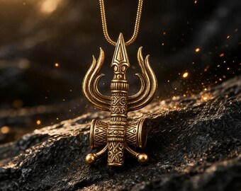 Trishul Sword Pendant Necklace, Hindu Trident Jewelry, Gold Tone Tribal Pendant, Spiritual Protection Necklace, Shiva Trishula Charm,