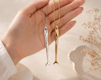 Fish Pendant Necklace, Gold Silver Fish Necklace, Minimalist Ocean Jewelry, Sardine Necklace, Coastal Necklace, Gift for Her, Marine Jewelry
