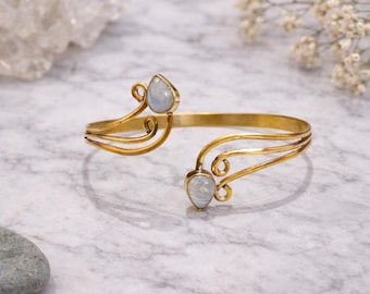Moonstone Arm Cuff Gold, Adjustable Upper Arm Bracelet, Boho Armlet Jewelry, Open Wrap Arm Cuff, Minimalist Gemstone Arm Band Gift for Her