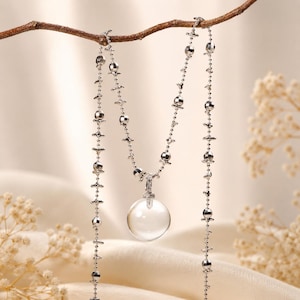 Long Layered Necklace and Crystal Drop Earrings Set Silver Tone Convertible Double Layer Necklace Clear Bead Jewelry Set for Women