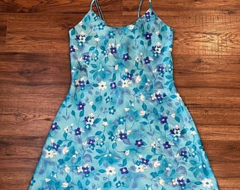 Vintage Blue White Floral Satin Mini Slip Dress Women Medium Cottage Fairy Y2K