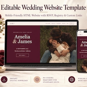 Può includere: Un modello di sito web per matrimoni modificabile visualizzato su uno schermo di laptop e smartphone. Il design presenta una combinazione di colori bordeaux intenso, caratteri serif e una foto di una coppia. Il testo include Amelia & James, 18 settembre 2027.